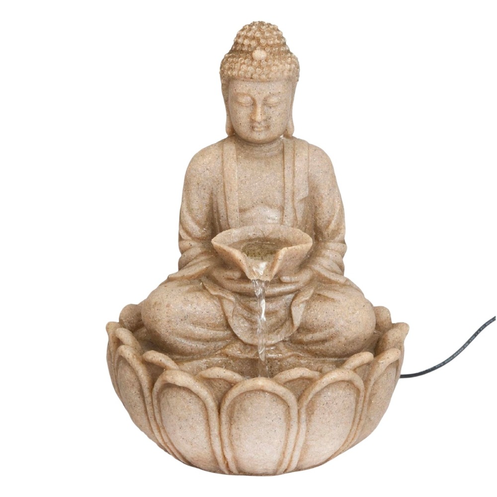 Buddha Tabletop Water Fountain Tan Like New Zen LED Lotus Decor 11"x7"
